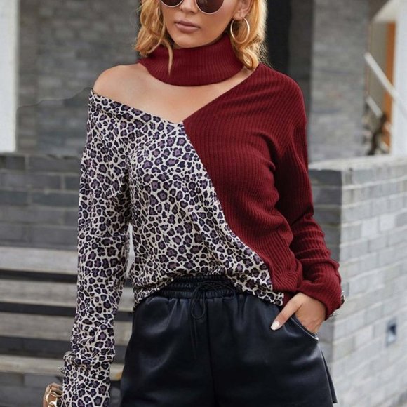 Wine Leopard Color Block Cut Out Turtleneck Top - Picture 1 of 7